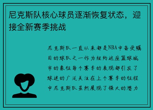 尼克斯队核心球员逐渐恢复状态，迎接全新赛季挑战